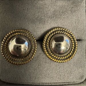 Sterling Silver & Brass Dome Earrings Vintage Mexican Latón Rope Border Studs